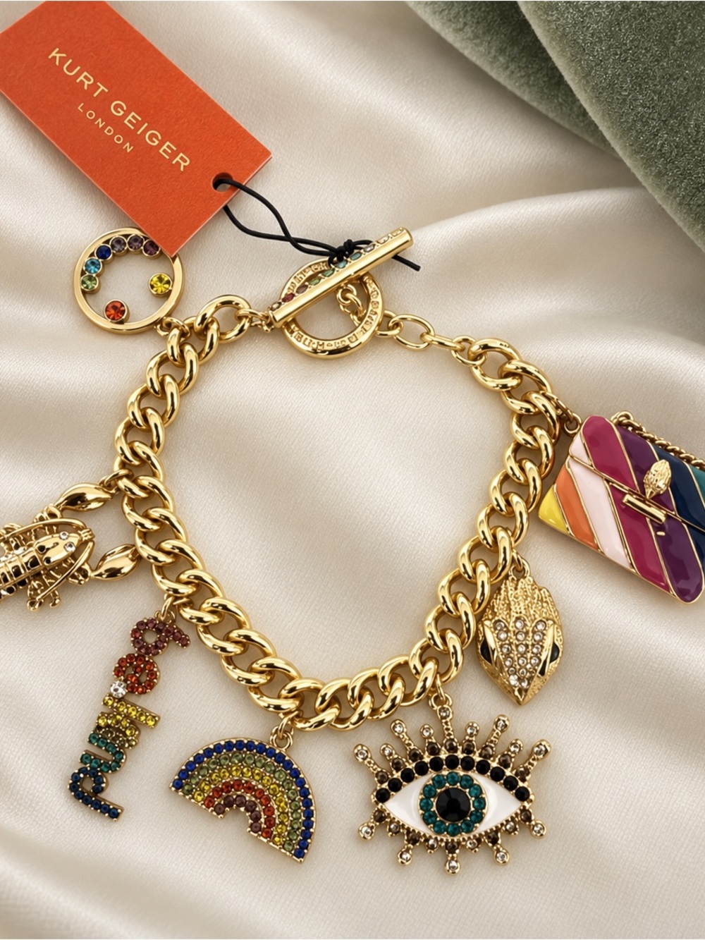 Kurt Geiger Gold Rainbow Charm Bracelet Multicolor Enamel Crystal